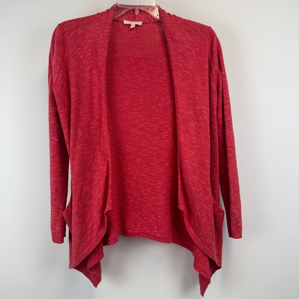 Eileen Fisher Petite Red Linen Cotton Slub Knit‎ Draped Open Cardigan PP